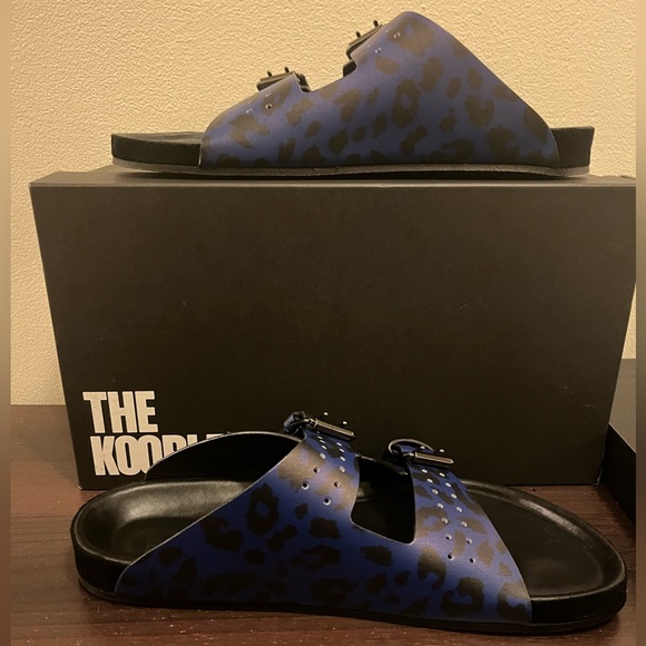 Buy Leopard Print Leather Premium Double Strap Footbed  The Kooples Women’s Blue Leopard Print Double Strap Leather Sandals 42 US 11 NEW